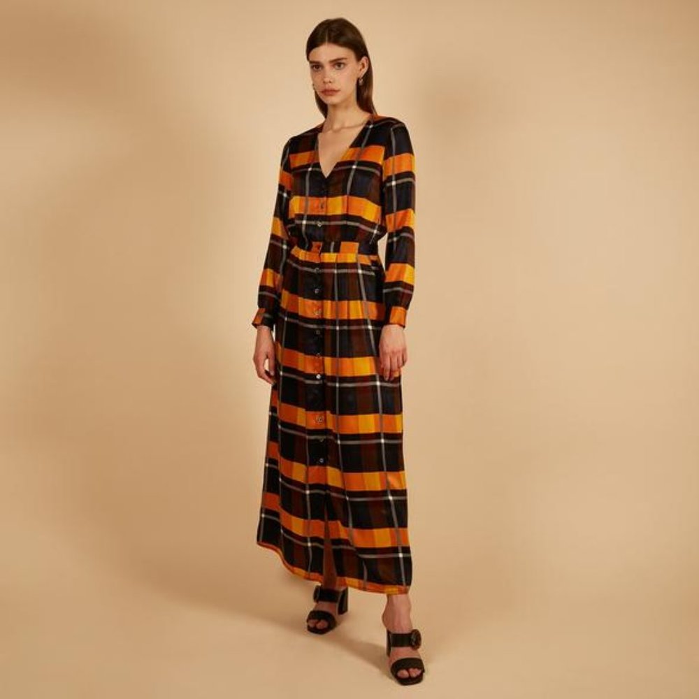 FRNCH Plaid Maxi Dress in Black and Orange